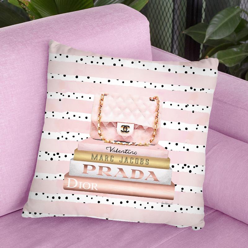 Books Medium Blush With Quilted Bag. Pink Stripes Black Dots Throw Pillow By Amanda Greenwood