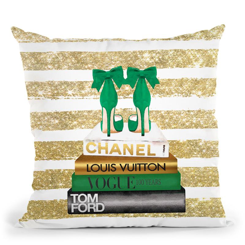New Books Grey Emerald Green, Bow Shoes, Glitter Stripe
 Throw Pillow By Amanda Greenwood