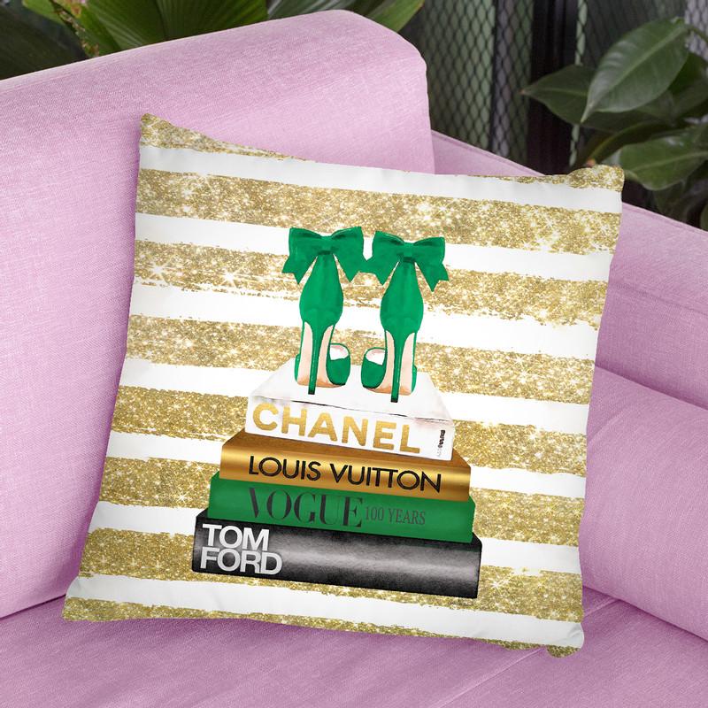 New Books Grey Emerald Green, Bow Shoes, Glitter Stripe
 Throw Pillow By Amanda Greenwood