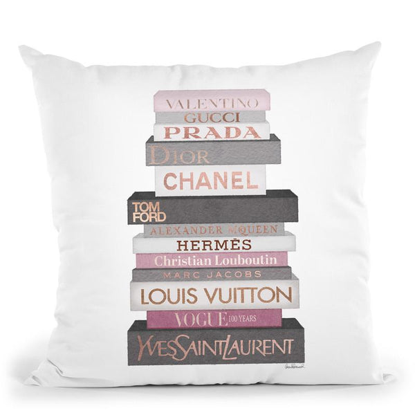 Tall Grey & Pink Fashion Books Throw Pillow By Amanda Greenwood