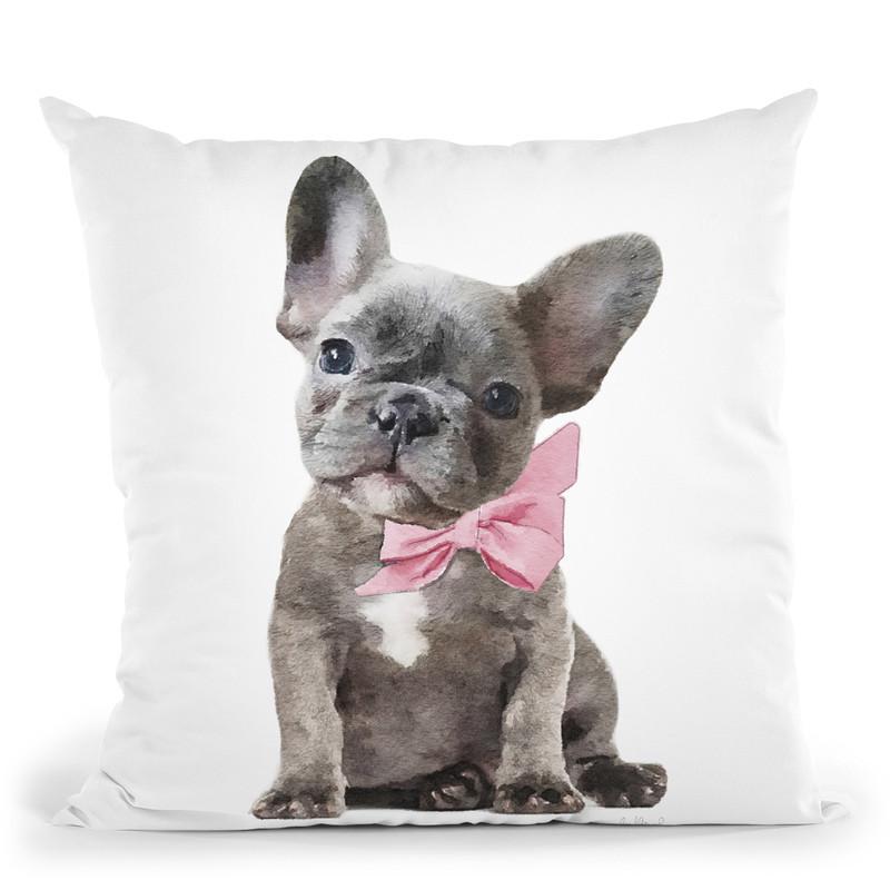 Grey Frenchie Puppy With Pink Bow Throw Pillow By Amanda Greenwood
