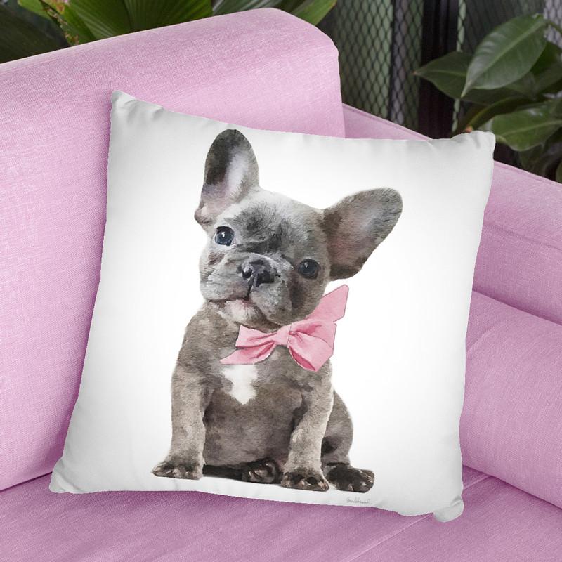 Grey Frenchie Puppy With Pink Bow Throw Pillow By Amanda Greenwood