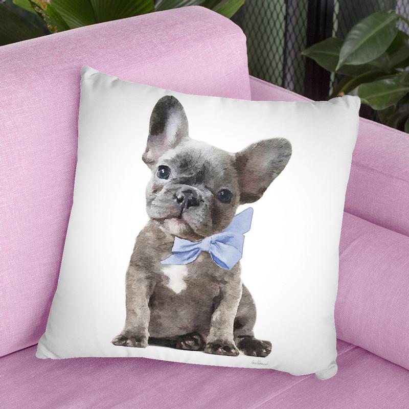 Grey Frenchie Puppy With Blue Bow Throw Pillow By Amanda Greenwood