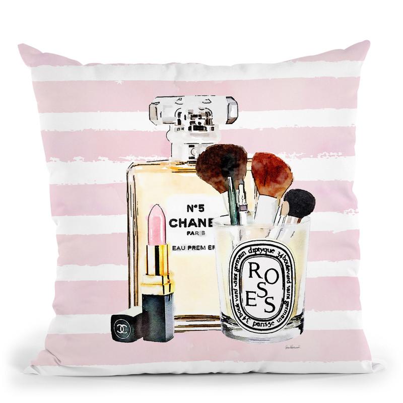 Make Up Set - Soft Pink Lipstick With Pink Stripe Throw Pillow By Amanda Greenwood