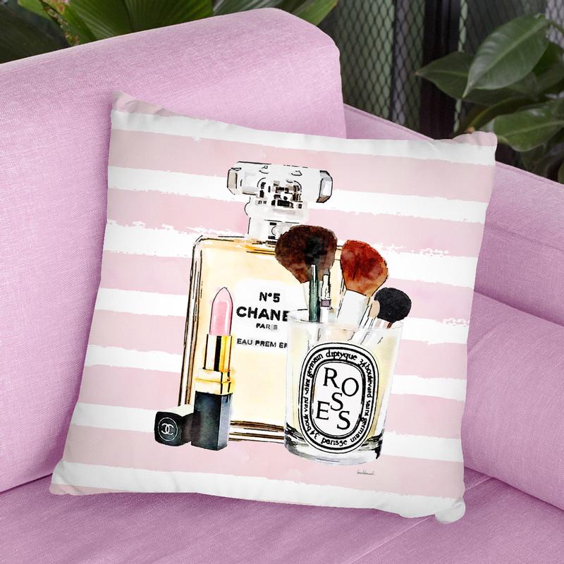 Make Up Set - Soft Pink Lipstick With Pink Stripe Throw Pillow By Amanda Greenwood