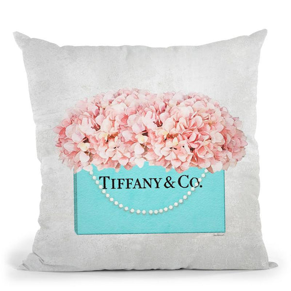 Teal Blue Shopper Pearl Handle Peach Hydrangeas Textured Throw Pillow By Amanda Greenwood