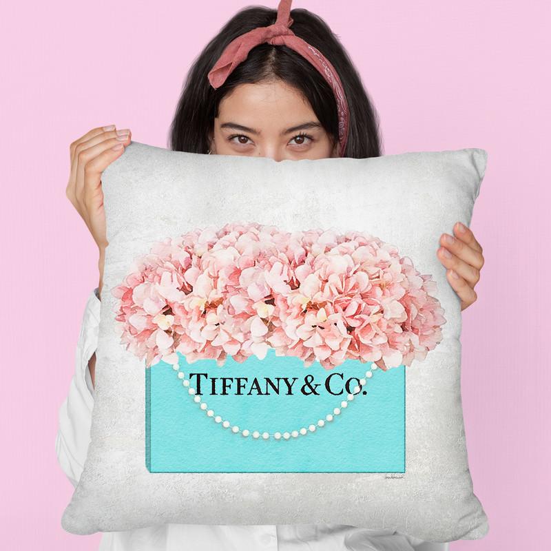 Teal Blue Shopper Pearl Handle Peach Hydrangeas Textured Throw Pillow By Amanda Greenwood