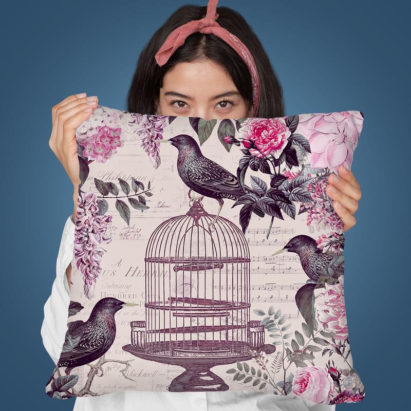 Bird Cage And Flowers Throw Pillow By Andrea Haase