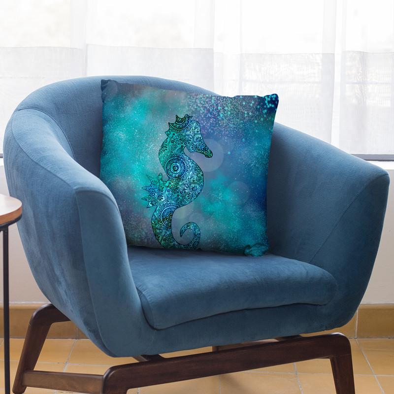 Blue Doodle Seahorse Throw Pillow By Andrea Haase