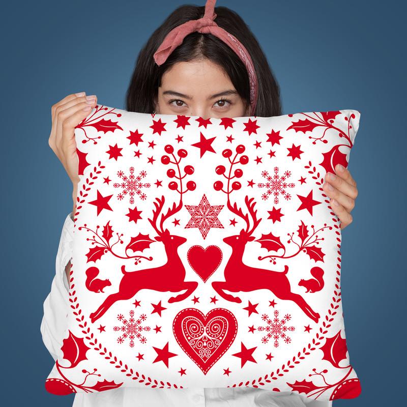 Folk Art Xmas Deer White Throw Pillow By Andrea Haase