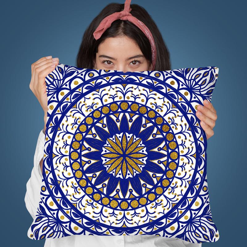 Oriental Tiles Blue Gold Throw Pillow By Andrea Haase