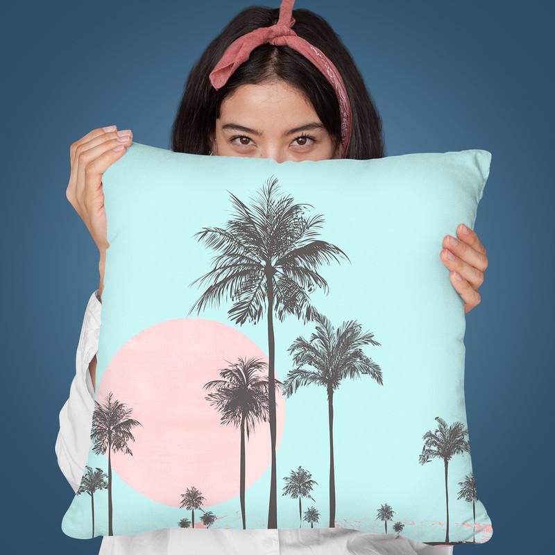 Palm Tree Pink Aqua Throw Pillow By Andrea Haase