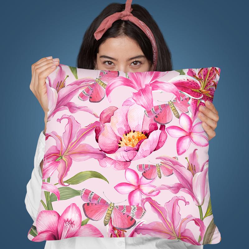 Pink Watercolor Flower Pattern Throw Pillow By Andrea Haase