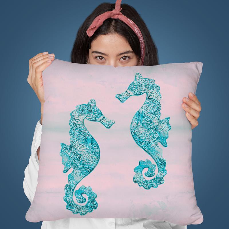 Sea Horse Teal Pink Pastel Throw Pillow By Andrea Haase