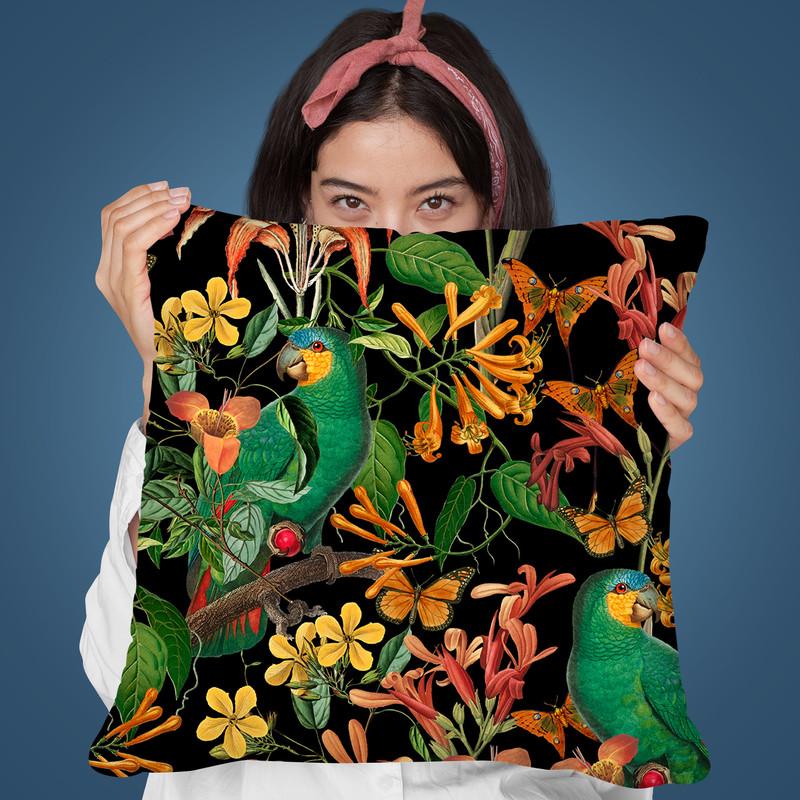 Tropical Parrots Black Throw Pillow By Andrea Haase