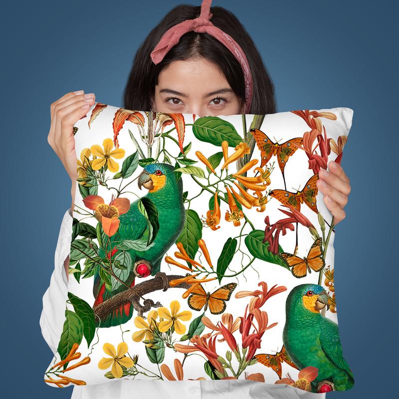 Tropical Parrots White Throw Pillow By Andrea Haase