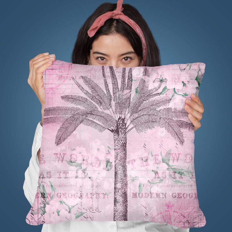 Vintage Travel Palm Pink Throw Pillow By Andrea Haase