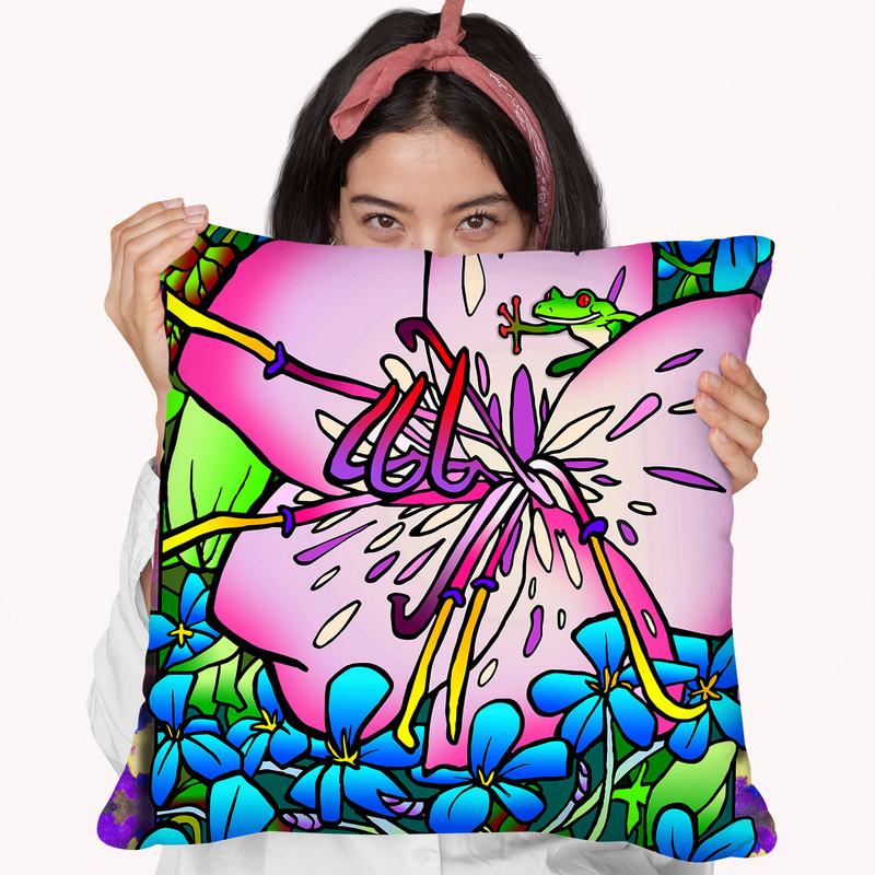 Pink Flower Frog Throw Pillow By Howie Green - All About Vibe
