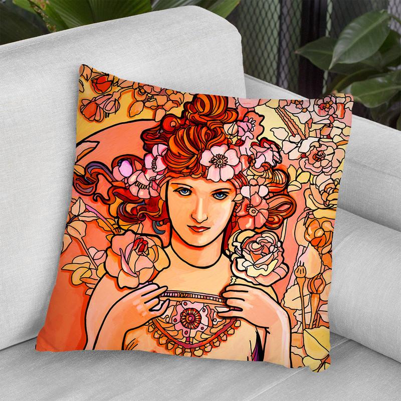 Mucha-Lady-116-2 Throw Pillow By Howie Green - All About Vibe
