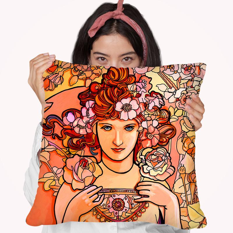 Mucha-Lady-116-2 Throw Pillow By Howie Green - All About Vibe