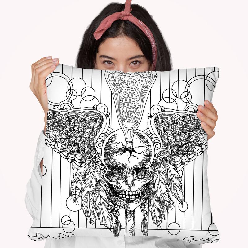 Lacrosse Skull Line Art Throw Pillow By Howie Green - All About Vibe