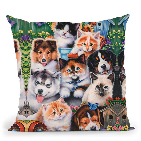Kittens & Puppies In The Garden Throw Pillow By Jenny Newland - All About Vibe