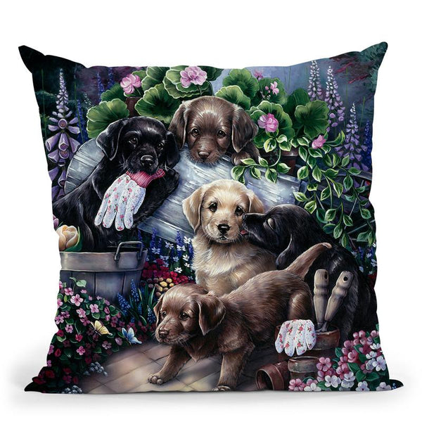 Gardening Puppies Throw Pillow By Jenny Newland - All About Vibe