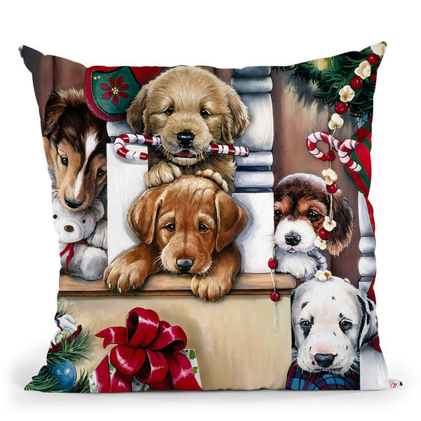 Christmas Puppies On The Loose Throw Pillow By Jenny Newland - All About Vibe