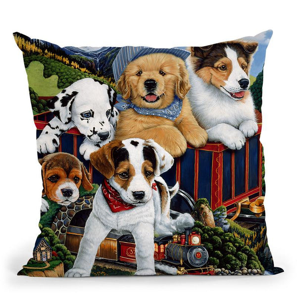 Choo Choo Puppies Throw Pillow By Jenny Newland - All About Vibe