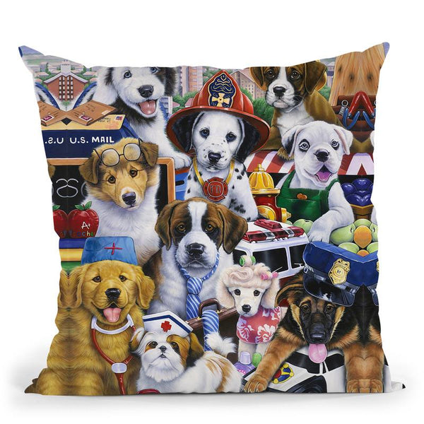 Working Puppies Throw Pillow By Jenny Newland - All About Vibe