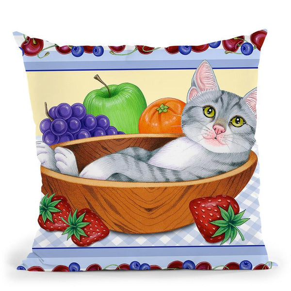 Fruit Bowl Kitten Throw Pillow By Tomoyo Pitcher - All About Vibe