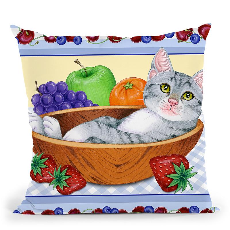 Fruit Bowl Kitten Throw Pillow By Tomoyo Pitcher - All About Vibe