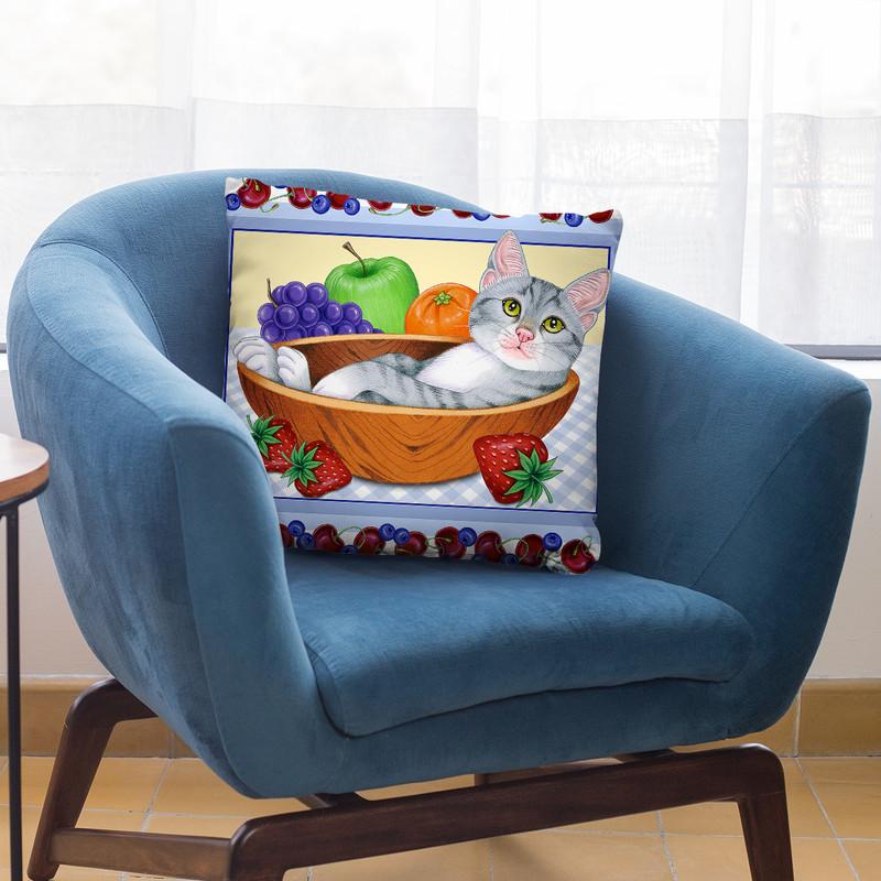 Fruit Bowl Kitten Throw Pillow By Tomoyo Pitcher - All About Vibe