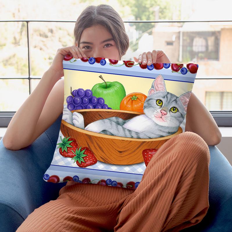 Fruit Bowl Kitten Throw Pillow By Tomoyo Pitcher - All About Vibe