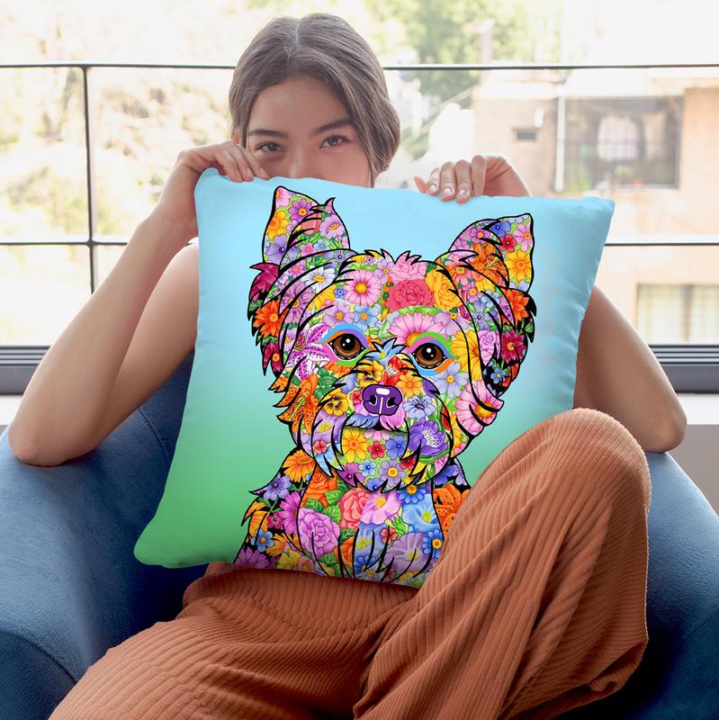 Flowers Yorkie Puppycut Throw Pillow By Tomoyo Pitcher - All About Vibe