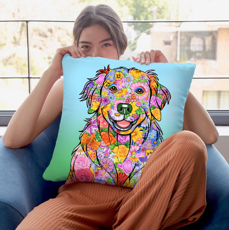 Flowers Golden Retriever Throw Pillow By Tomoyo Pitcher - All About Vibe