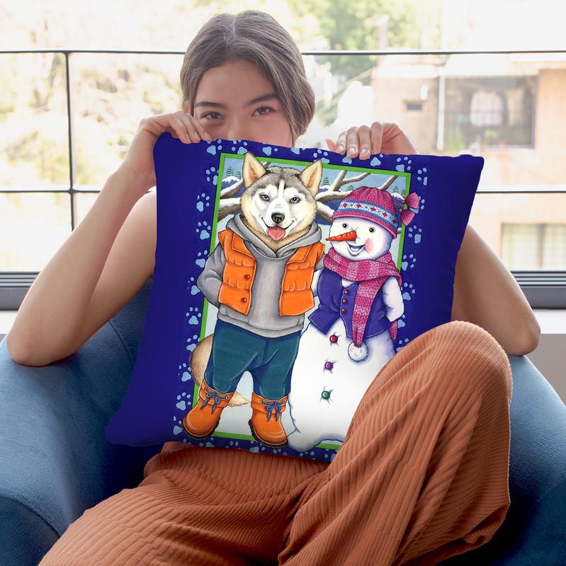 Husky Snowman Throw Pillow By Tomoyo Pitcher - All About Vibe