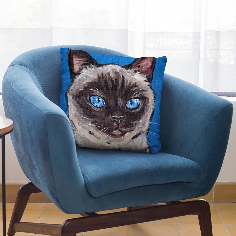 Cat Siamese On Blue Throw Pillow By Hippie Hound Studios - All About Vibe