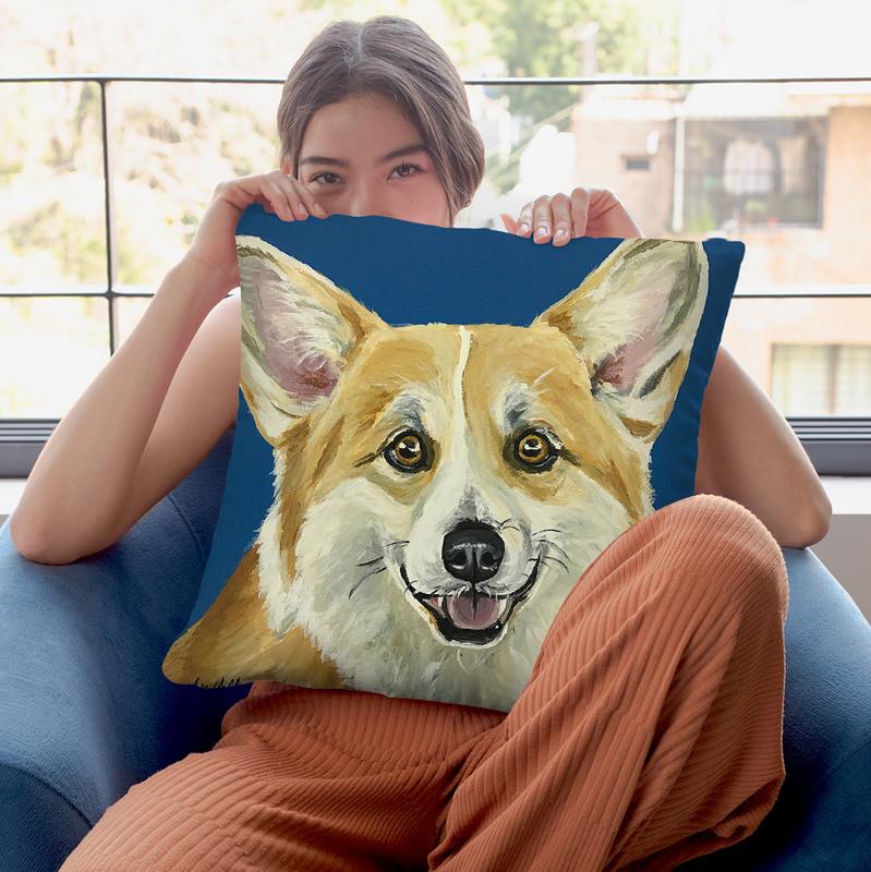 Corgi On Blue Throw Pillow By Hippie Hound Studios - All About Vibe