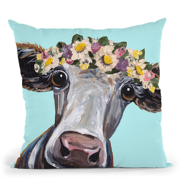 Cow Cora Flower Crown Blue Throw Pillow By Hippie Hound Studios - All About Vibe