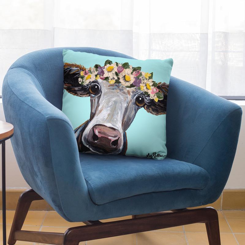 Cow Cora Flower Crown Blue Throw Pillow By Hippie Hound Studios - All About Vibe