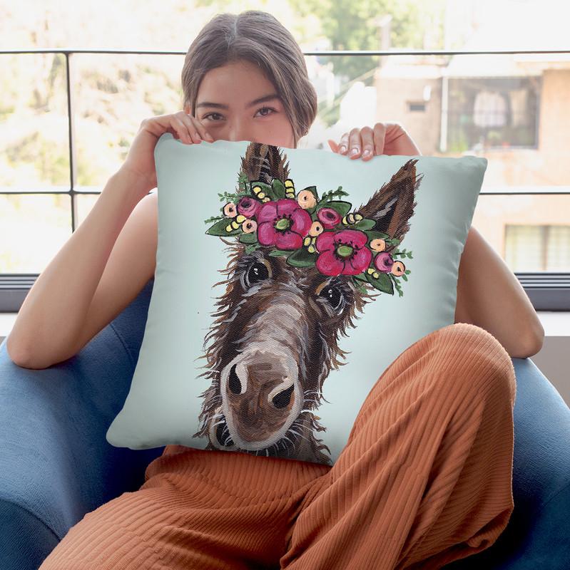 Donkey Rufus 1 Pink Flowers Throw Pillow By Hippie Hound Studios - All About Vibe