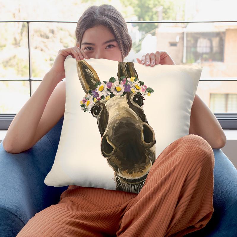 Donkey Snickersflower Crown Cream Throw Pillow By Hippie Hound Studios - All About Vibe