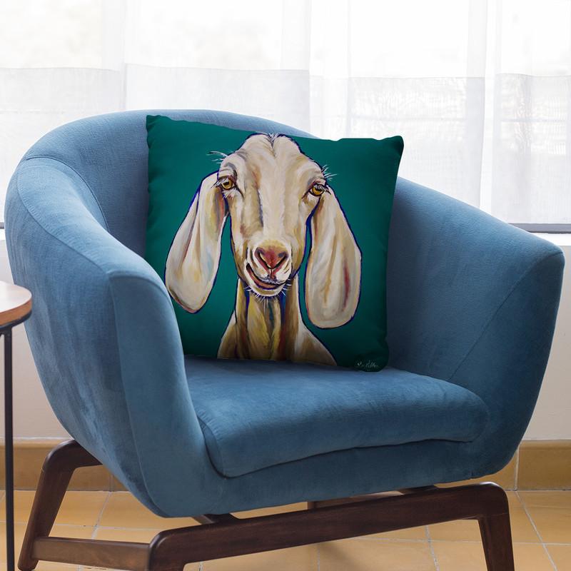 Goat On Teal Throw Pillow By Hippie Hound Studios - All About Vibe