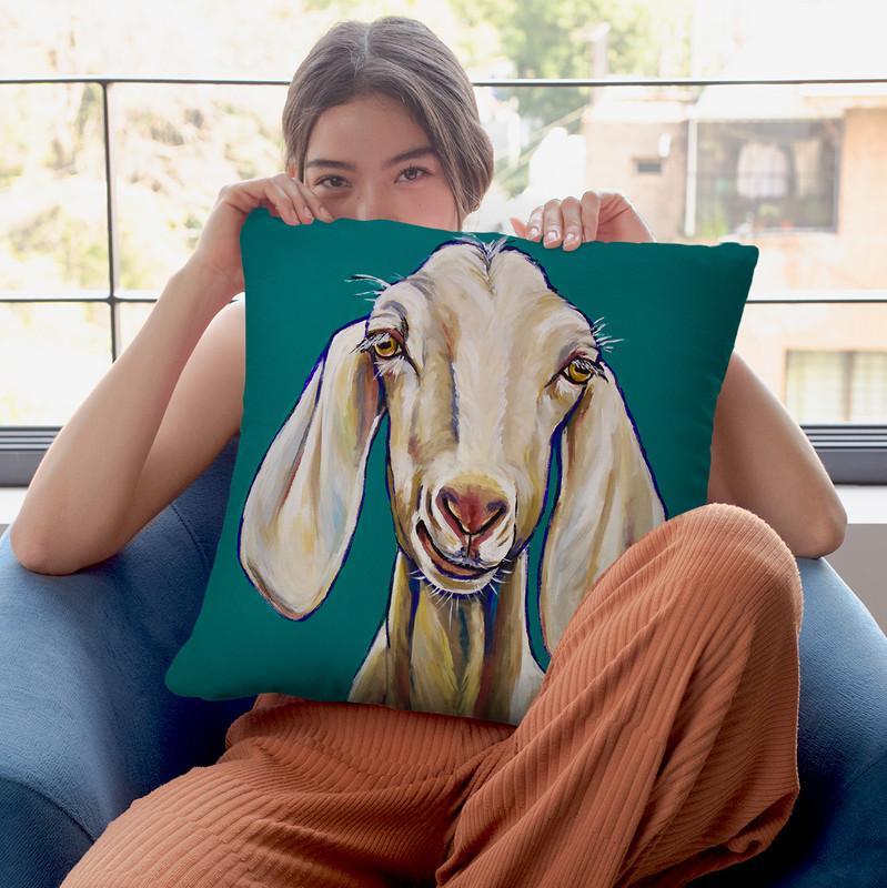 Goat On Teal Throw Pillow By Hippie Hound Studios - All About Vibe