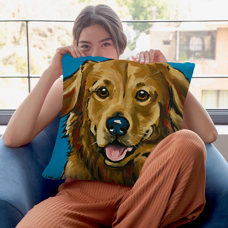 Golden Retriever Expressive Blue Throw Pillow By Hippie Hound Studios - All About Vibe