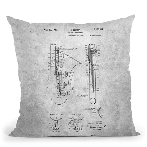 Saxophone Blueprint Throw Pillow By Cole Borders - All About Vibe
