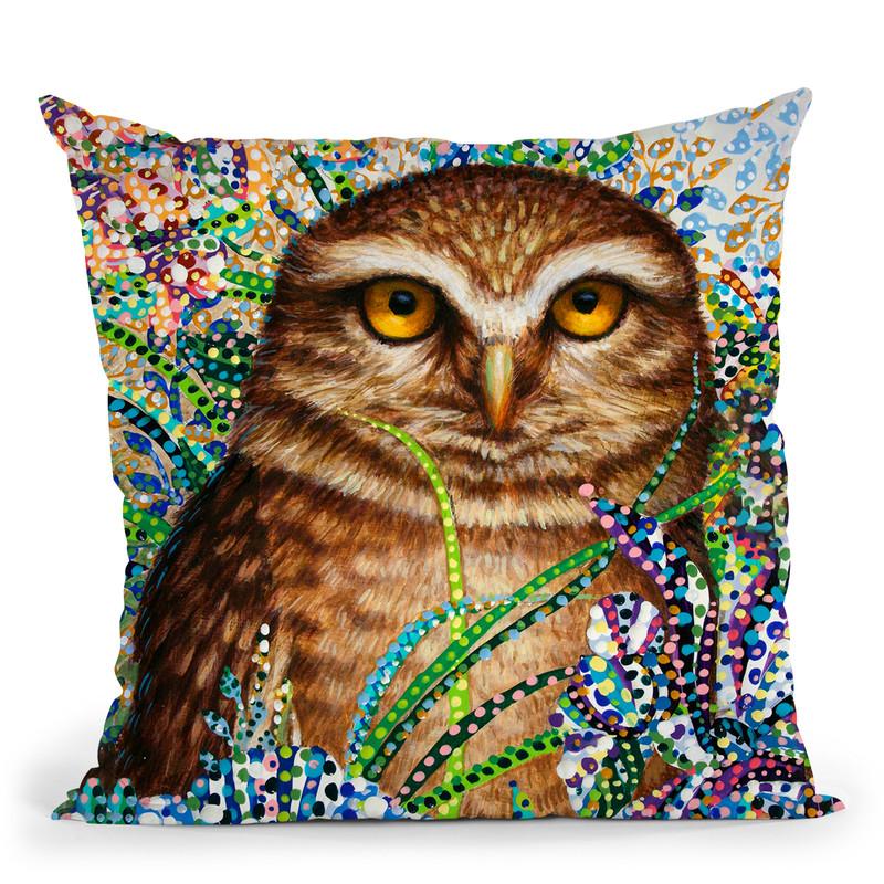 Burrowing Owl In Flowers Throw Pillow By Erika Pochybova - All About Vibe