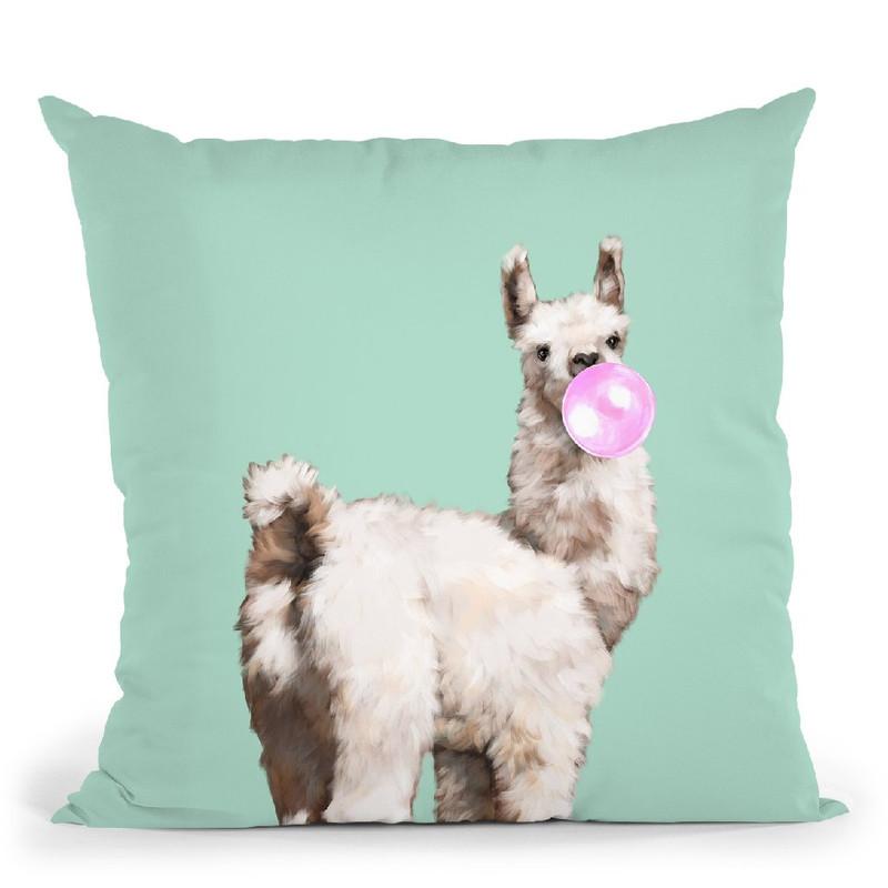 Baby Llama Blowing Bubble Gum Throw Pillow by Big Nose Work