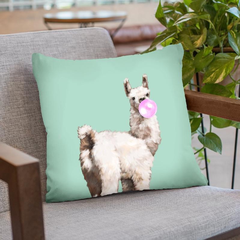 Baby Llama Blowing Bubble Gum Throw Pillow by Big Nose Work
